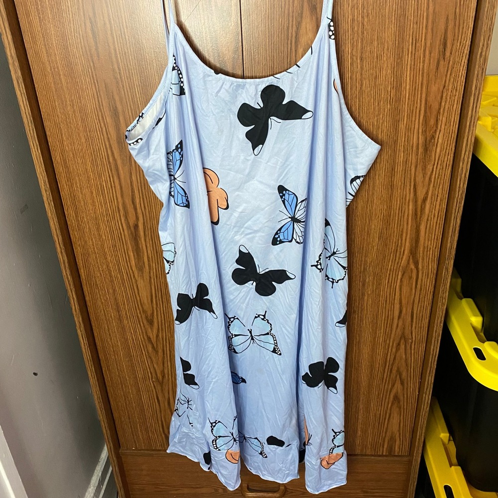 Butterfly Print Cami Dress Women 4XL Blue Sleeveless Summer Mini Slip